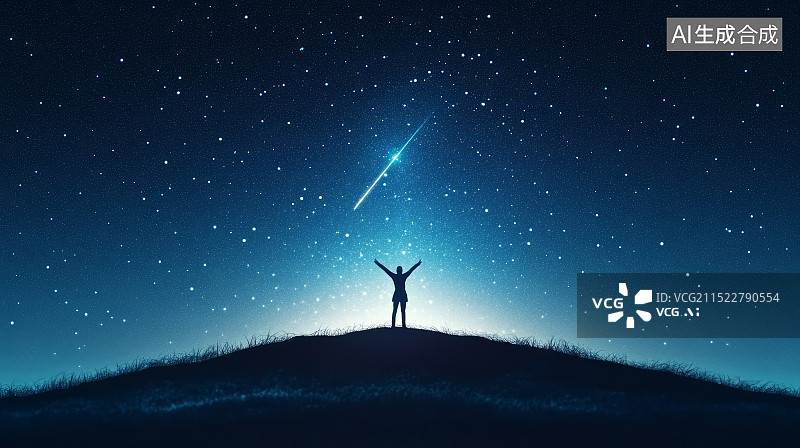 【AI数字艺术】一个人高举手臂仰望星空背影图片素材