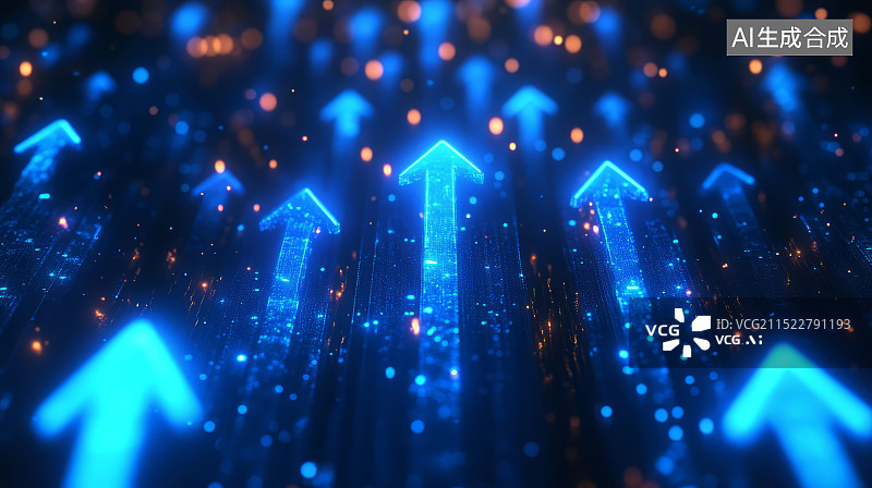 【AI数字艺术】闪亮蓝色上升的箭头背景，金融经济股市增长概念图片素材