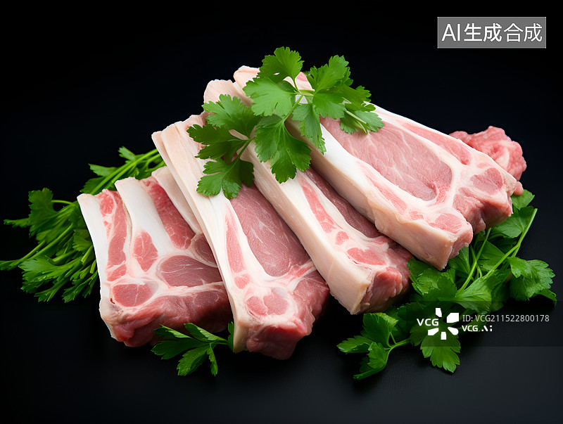 【AI数字艺术】黑色背景下的猪骨肉图片素材