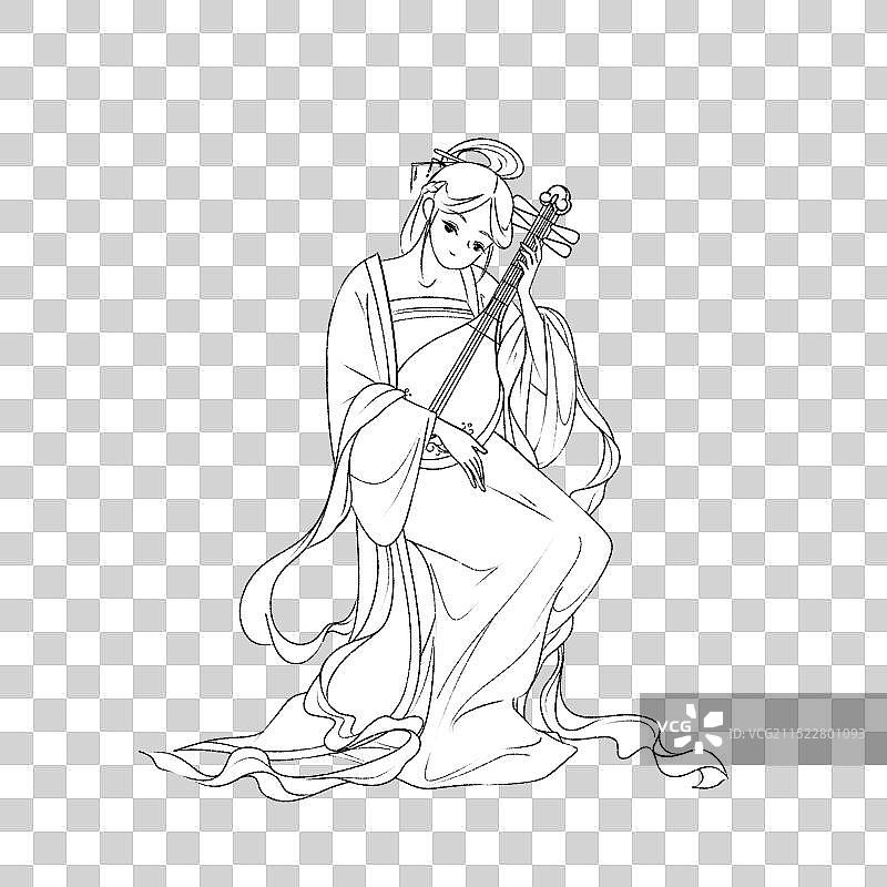 弹琵琶的古代美女——古风卡通人物系列线稿素材图片素材