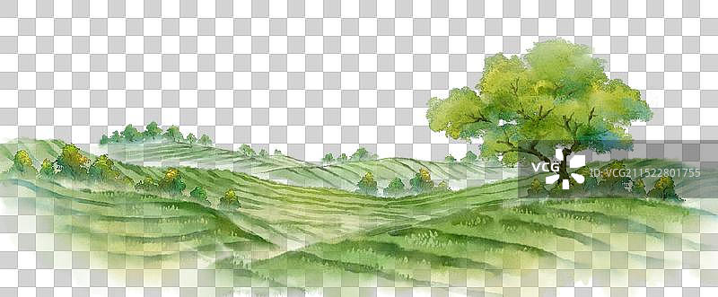 茶山采茶梯田-国风清新水彩风景元素图片素材