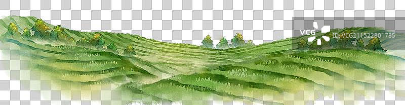 茶山采茶梯田-国风清新水彩风景元素图片素材