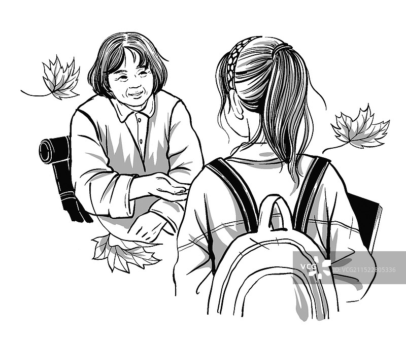 黑白插图插画 母女 奶奶 孙女 女孩 亲情 爱心 成长 少女 青少年 关爱 社会 家庭 教育 上学图片素材