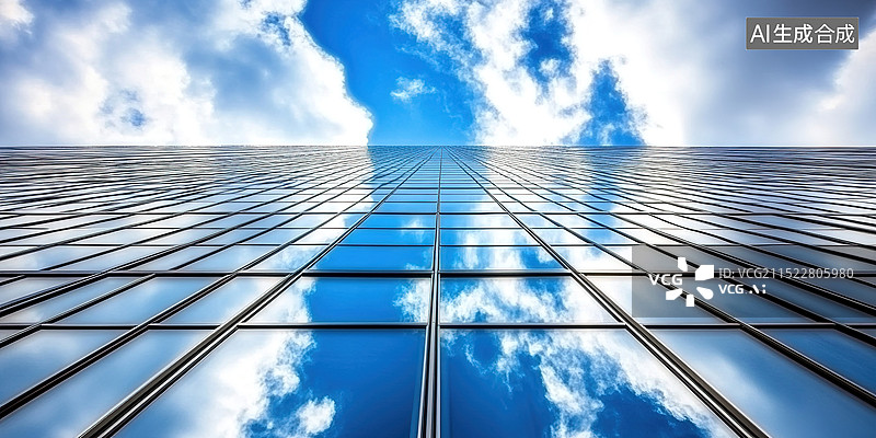 【AI数字艺术】一幅抽象未来派建筑的低角度视图，展示了一座带曲线玻璃窗的办公楼摩天大楼图片素材