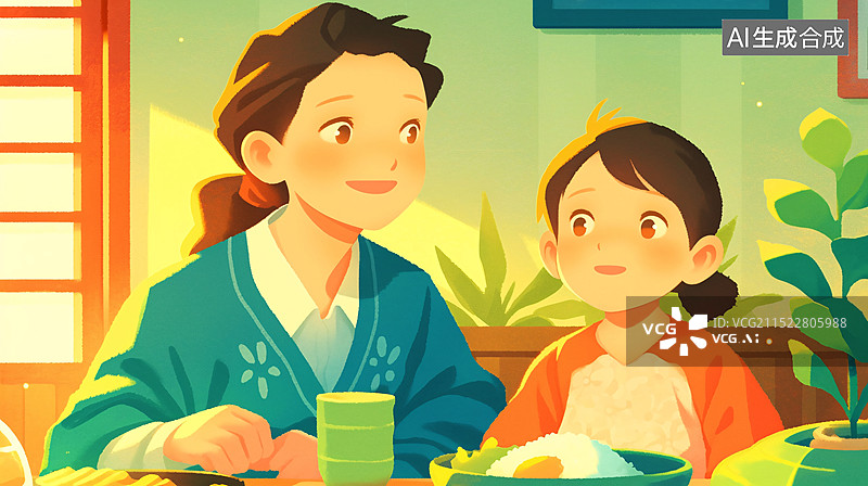 【AI数字艺术】中国传统节日中秋节年夜饭家人团聚插画图片素材