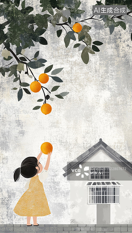 【AI数字艺术】柿柿如意：一个小女孩仰头看着树上掉落的柿子，意境唯美图片素材