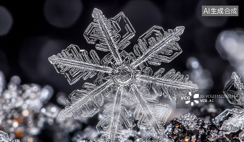 【AI数字艺术】一张高清特写雪晶的照片，它在黑色背景上显得格外清晰。雪花六边形的形状和复杂的结构都得到了细致的展现图片素材
