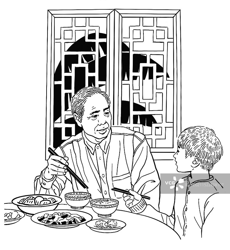 黑白插图插画 线描 家教 育儿教育  爷爷孙子 老人 小孩 吃饭 谈论 吃饭礼仪 饭桌 传统文化 说图片素材