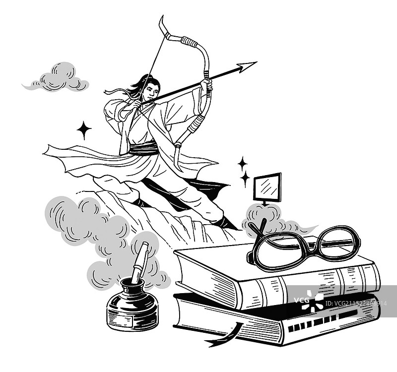 黑白插图插画 线描  武侠 武打 射箭 写作 书籍 书本 写书 武功 小说 文学 社会图片素材