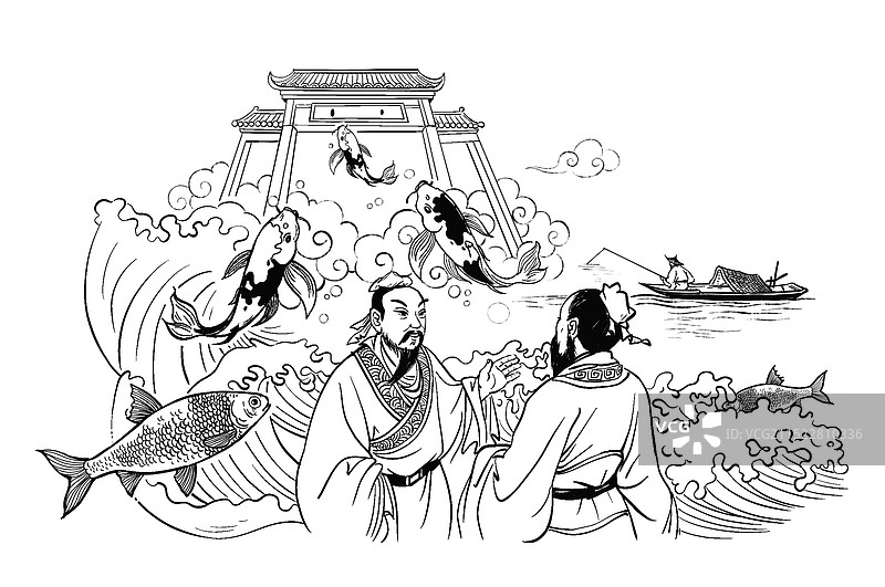 黑白插图插画 线描 古代 鲤鱼跃龙门 故事典故 历史 知识 古人 江水 龙门图片素材