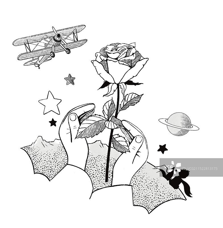 黑白插图插画 线描 飞机 玫瑰 小王子 故事 经典 学生必读 校园 文学图片素材