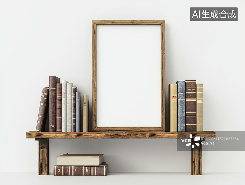 【AI数字艺术】木质书架与空白画框展示图片素材