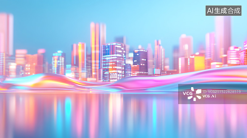 【AI数字艺术】抽象闪亮霓虹灯清新城市模版背景图片素材