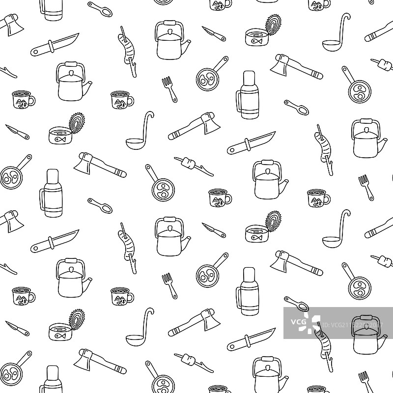 用于露营的食物和餐具的无缝图案图片素材