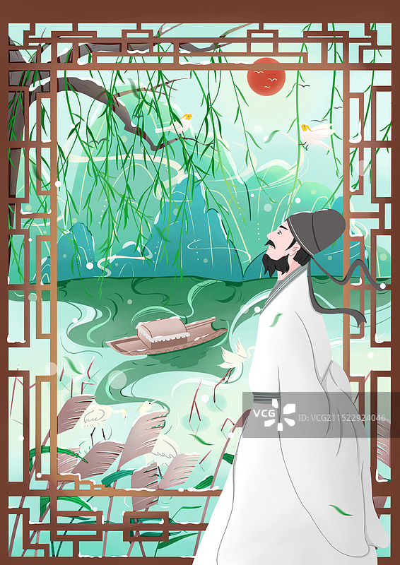 新国风、杜甫、柳树、山、水、船、鹤、太阳、冬天图片素材