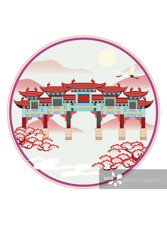国风地标城市风光矢量插画系列—国潮风 湖南省 岳阳市 圣安寺、圣安古寺图片素材