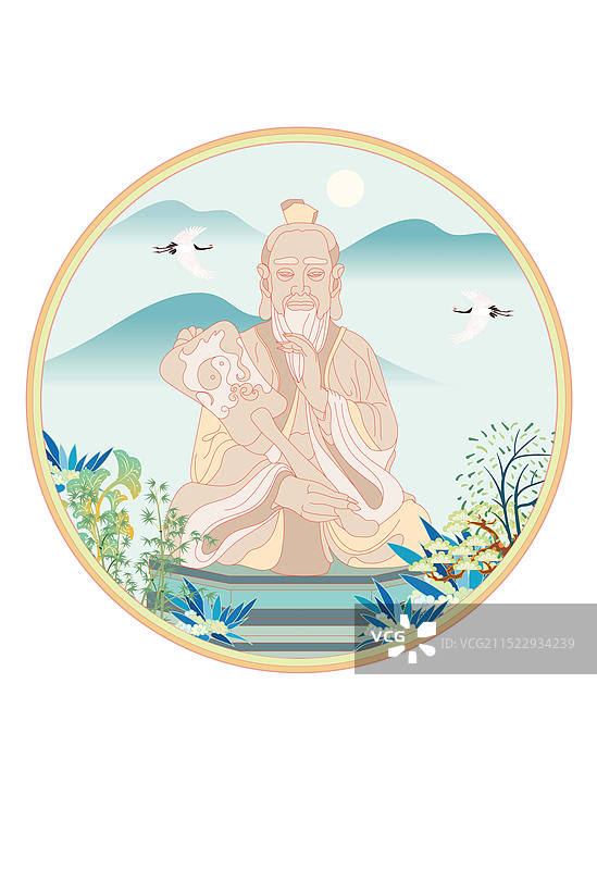 国风地标城市风光矢量插画系列—国潮风 镇江茅山风景名胜区 老子铜像图片素材