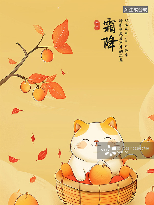 【AI数字艺术】二十四节气系列插画海报模版 秋季闲情逸致的小猫与树上的橘子风景，秋季橙子收获的季节宠物猫插画 竖版图片素材