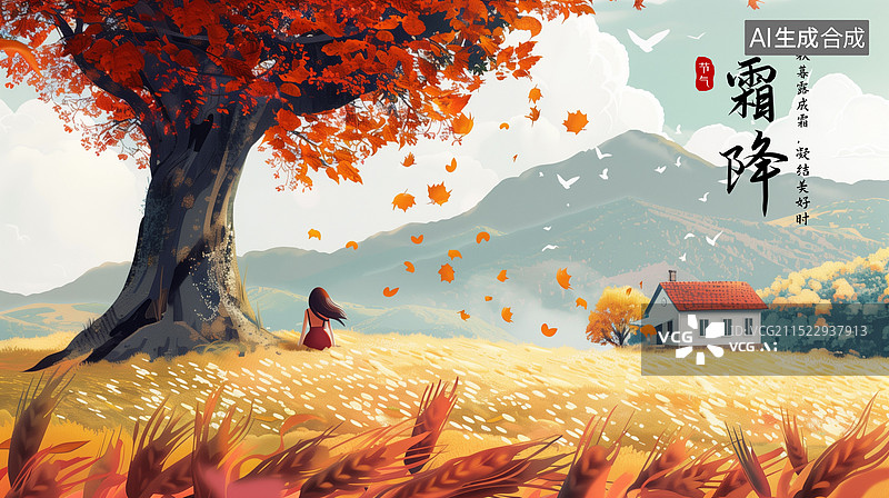 【AI数字艺术】秋天树下坐在草地上的女孩背影，风吹草地的美景插画海报模版 ，日落黄昏时分场景 横版图片素材