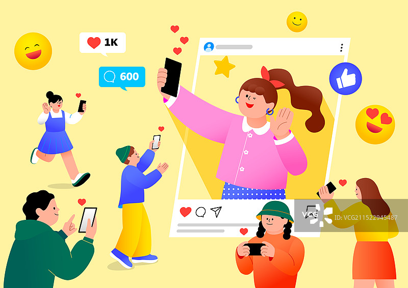媒体内容创作者在社交媒体上打招呼，周围的人拿着手机点赞图片素材