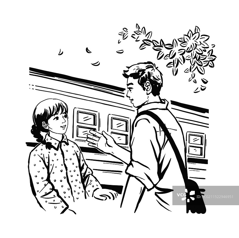 黑白插图插画 线描 火车站送行 哥哥妹妹 离别 告别 上学 远行 往事 回忆 文学图片素材