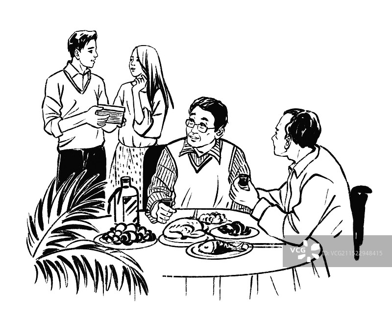 黑白插图插画 线描 吃饭 聊天 谈论 男人 一家人 公司聚会 聚餐 喝酒 乡村 农村 酒吧 餐厅 餐图片素材