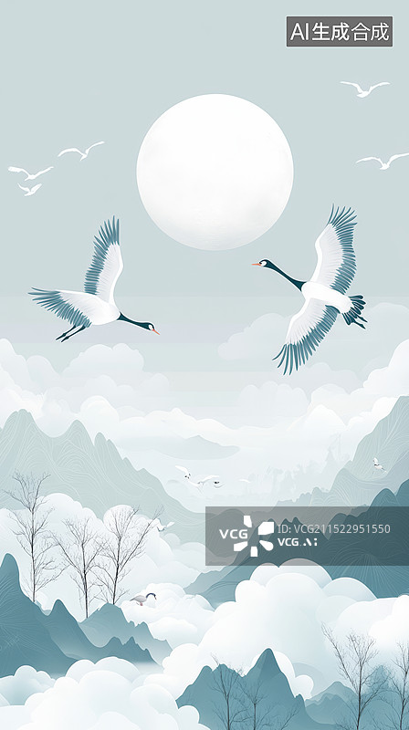 【AI数字艺术】宁静的对称：月空下的鹤与鹅图片素材