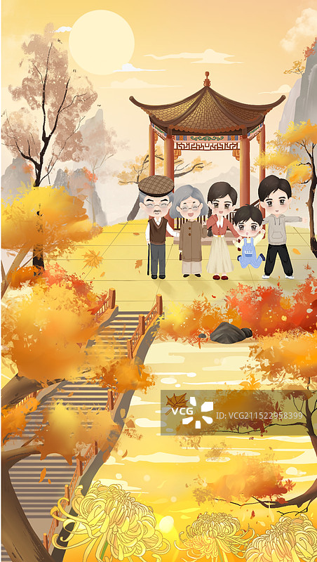 重阳节一家五口快乐登山图片素材