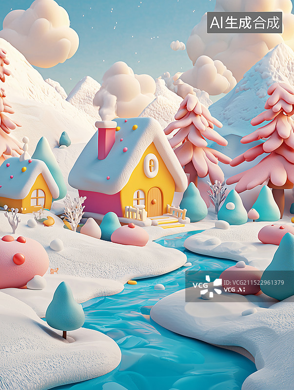 【AI数字艺术】3D卡通雪山小屋图片素材
