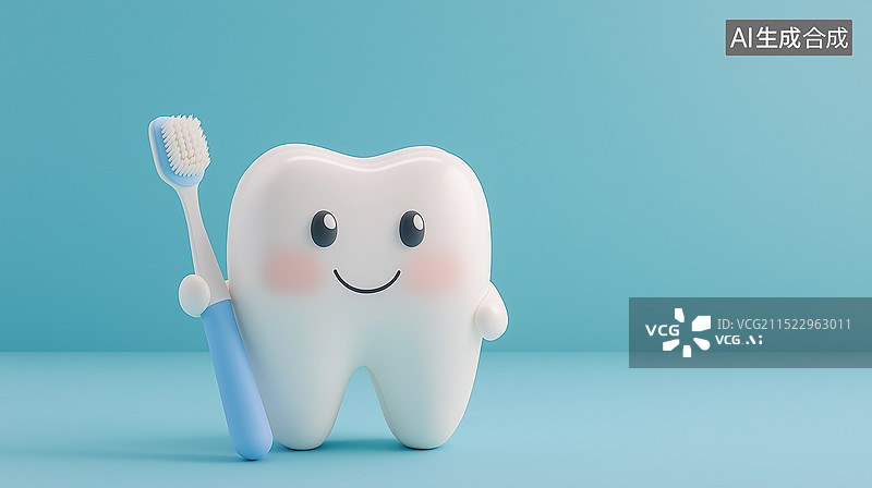 【AI数字艺术】全国爱牙日主题海报——拿着牙刷的卡通牙齿图片素材