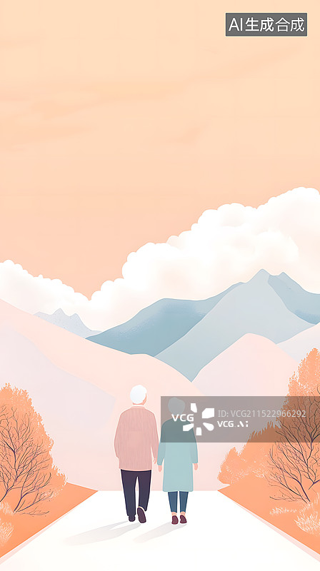 【AI数字艺术】AIGC：一对白发老年人走在秋天的小路上，退休，养老金，晚年生活，重阳节背景图片素材