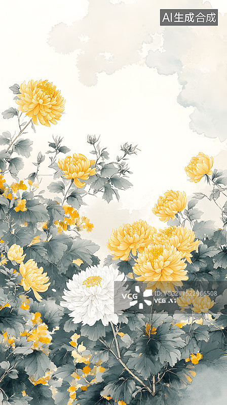 【AI数字艺术】AIGC：国风水墨画菊花背景 重阳节背景海报设计图片素材
