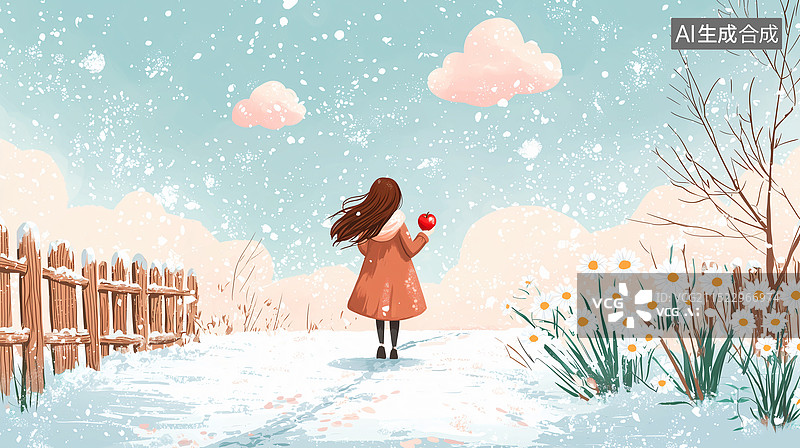 【AI数字艺术】冬天拿着一个红苹果的少女图片素材