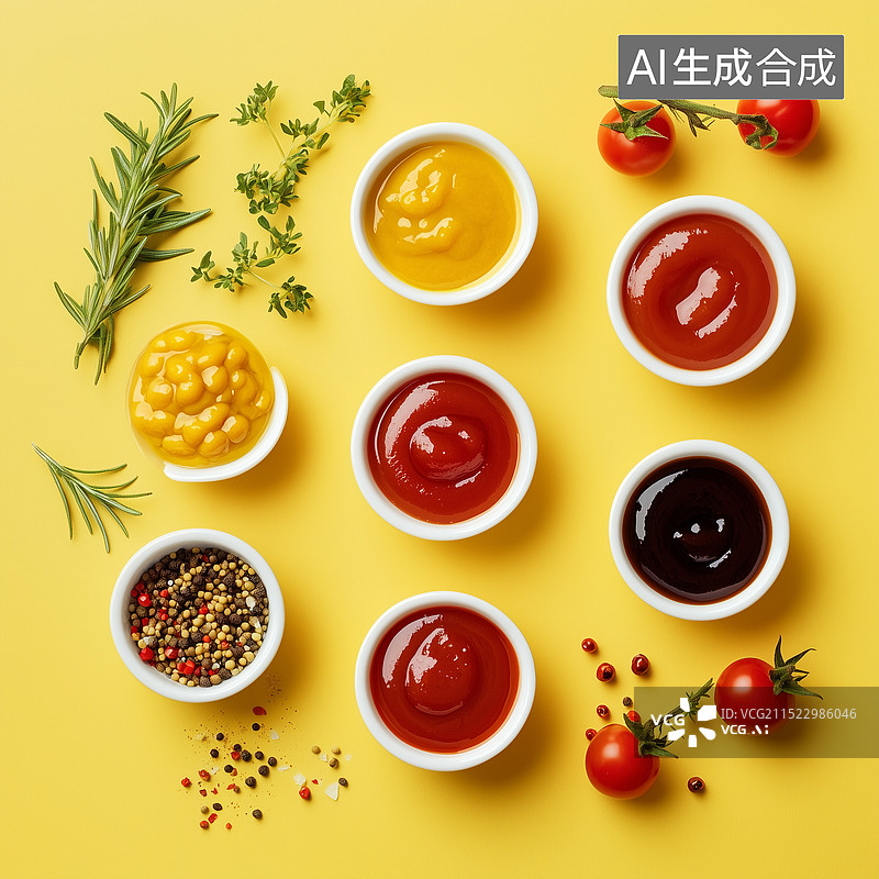 【AI数字艺术】美食烹饪美味调味品和香料 黄色背景顶视图，新鲜的蔬菜水果烹饪食材调料，不同的番茄酱，芥末酱、蛋黄酱图片素材