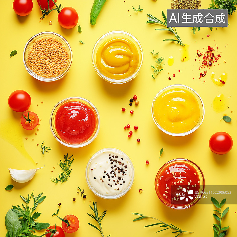 【AI数字艺术】美食烹饪美味调味品和香料 黄色背景顶视图，新鲜的蔬菜水果烹饪食材调料，不同的番茄酱，芥末酱、蛋黄酱图片素材