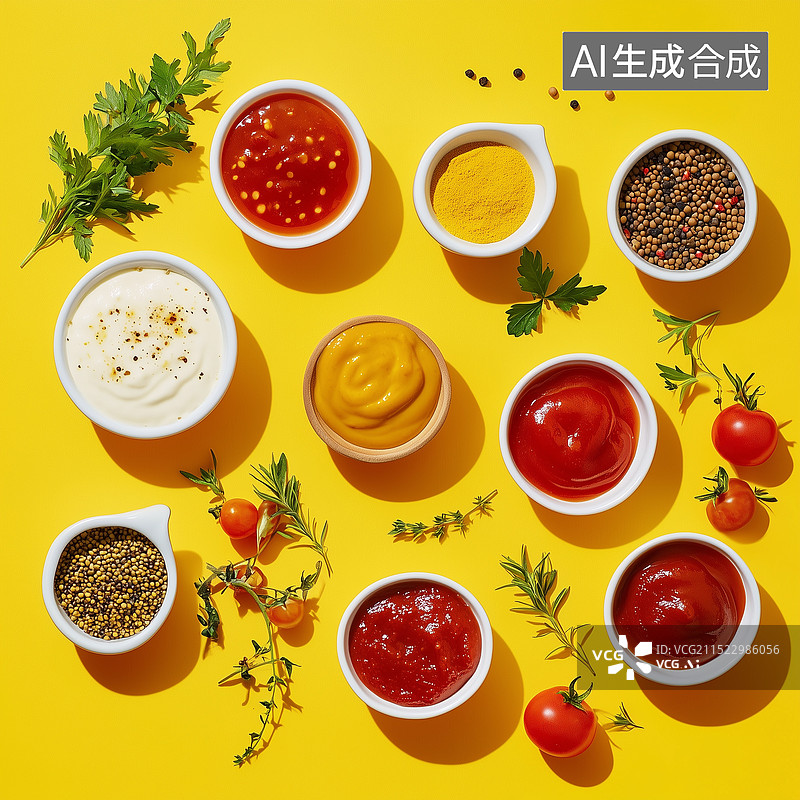 【AI数字艺术】美食烹饪美味调味品和香料 黄色背景顶视图，新鲜的蔬菜水果烹饪食材调料，不同的番茄酱，芥末酱、蛋黄酱图片素材