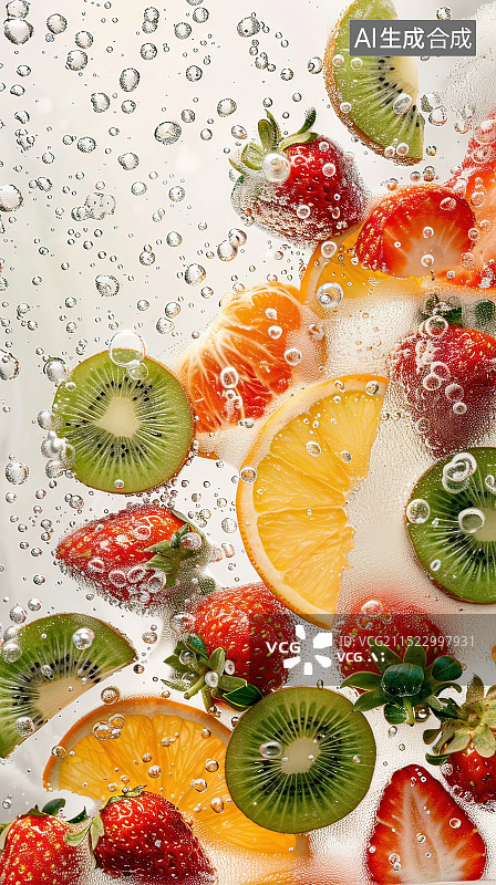 【AI数字艺术】白色背景前新鲜的草莓猕猴桃和橙子水果图片素材