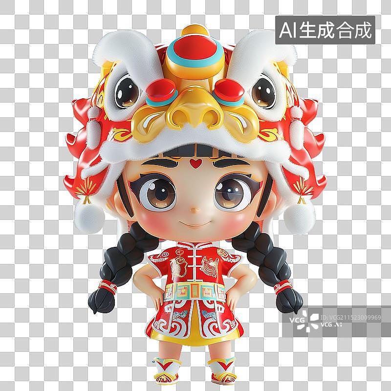【AI数字艺术】喜庆春节主题人物插画—雄狮少年 传统节日头戴狮头帽子的3D女孩，新年氛围图片素材