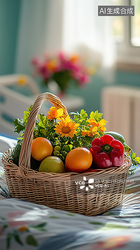 【AI数字艺术】一个装满新鲜蔬菜和水果的水果花篮象征着有助于降低血压的健康食品背景是医院病房图片素材