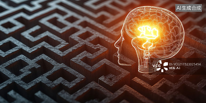 【AI数字艺术】一个发光的灯泡位于大的绿色迷宫中心复杂问题中的一个想法或解决方案灵感和创新思维图片素材