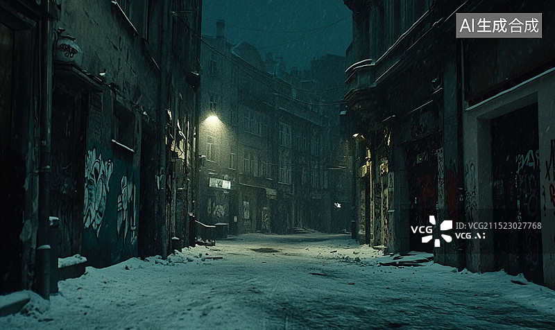 【AI数字艺术】一个下雪夜晚的黑暗小巷，唤起孤独和恐怖的感觉阴森的氛围神秘悬疑背景图片素材