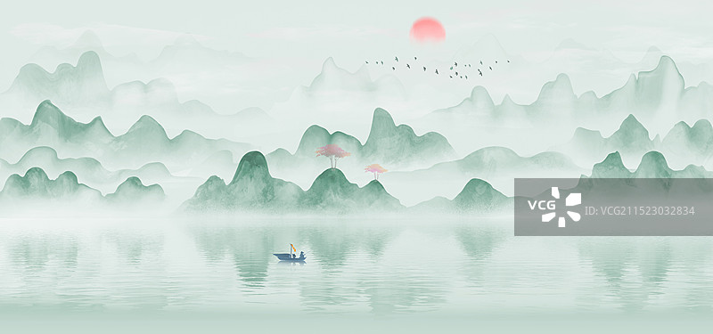 蓝色山水画背景插画图片素材