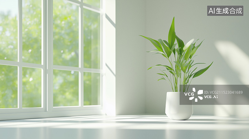 【AI数字艺术】阳光透过窗户照进房间一盆绿植放在窗边图片素材