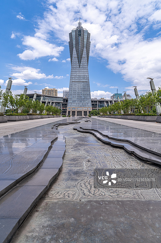 杭州 西湖文化广场 京杭大运河 环球中心 城市天际线 蓝天白云图片素材