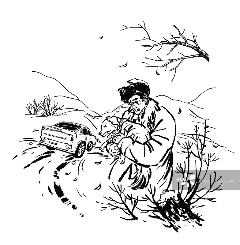 黑白插图插画 线描 老人老爷爷 狗 生病 看医生 乡村大爷 冬季 寒冷 山里 受伤 故事文学 动物图片素材
