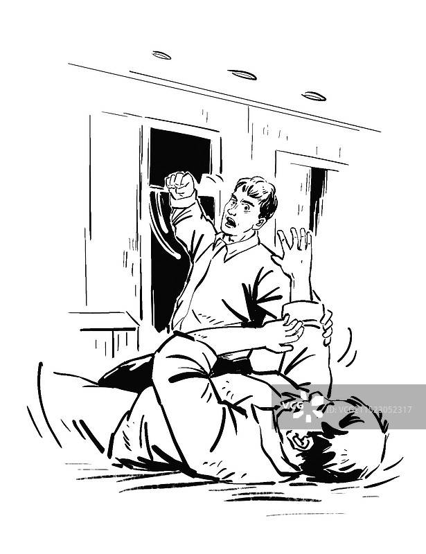 黑白插图插画 线描 打架 男人打倒在地 生气愤怒 打人 暴力 社会法治 法律图片素材