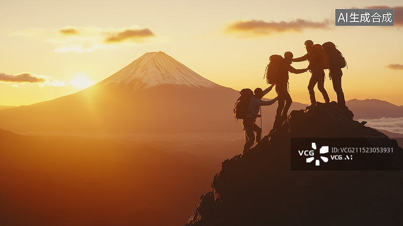 【AI数字艺术】日落黄昏场景一群人正在登山图片素材