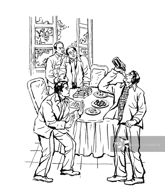 黑白插图插画 线描 酒局 喝酒聚会 劝酒 朋友 同事 哥们 男人 出事 法律 纠纷图片素材