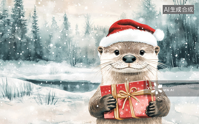 【AI数字艺术】水彩画风格插画，主体是一只戴着圣诞帽的水獭，它正拿着礼物盒，背景是装饰好的圣诞树图片素材