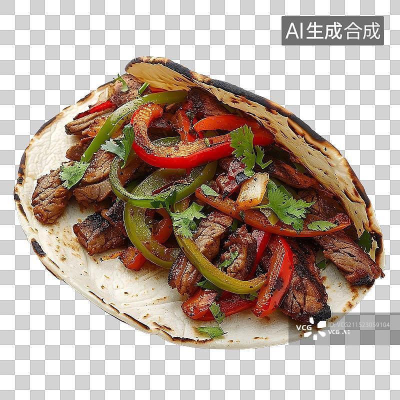 【AI数字艺术】免抠|用玉米饼皮包裹的烤牛肉、青椒和洋葱图片素材